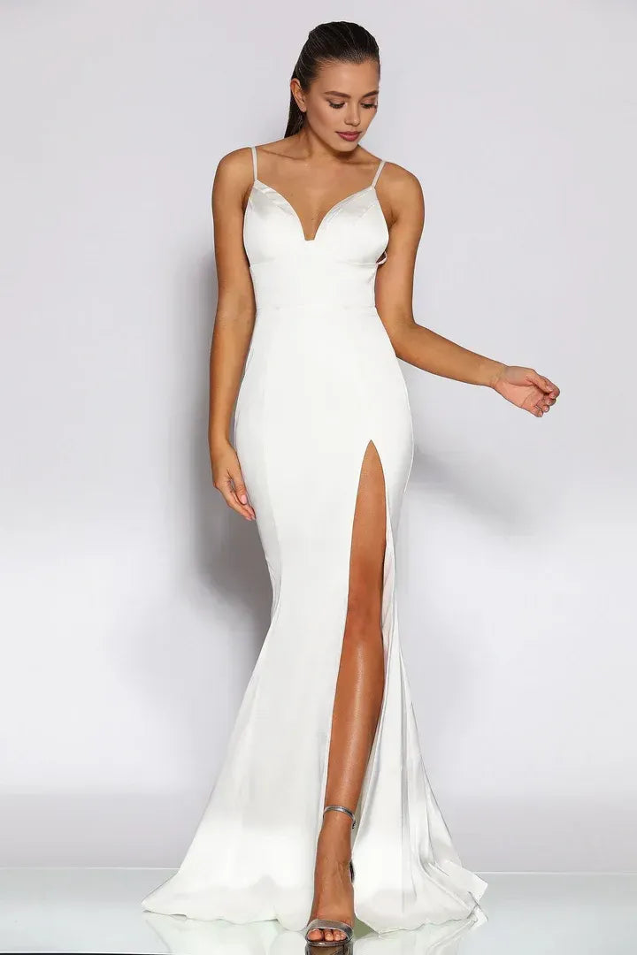 Beautiful Timeless Special Occasion Sophisticated Elegant White Satin Mermaid Sleeveless Prom Dress