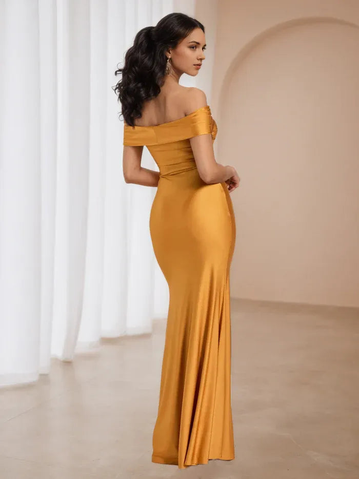 Mustard Prom Dress Off - Shoulder Necklin Bow Detail Luxe Fabric