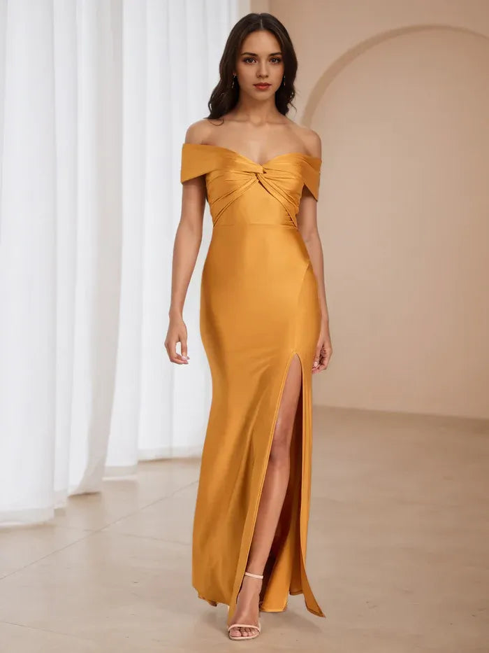 Mustard Prom Dress Off - Shoulder Necklin Bow Detail Luxe Fabric