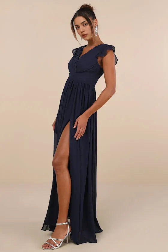 Navy Blue Evening Dress with Ruffled Sleeves Deep V - Neck Subtle Slit Ideal for Understated Luxury Events