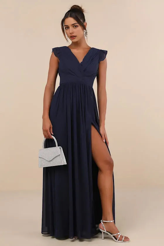 Navy Blue Evening Dress with Ruffled Sleeves Deep V - Neck Subtle Slit Ideal for Understated Luxury Events