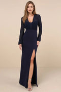 Navy Blue Evening Dresses with Sheer Long Sleeves Plunging V - Neck High Slit A Bold Choice for Trendy Urban Galas