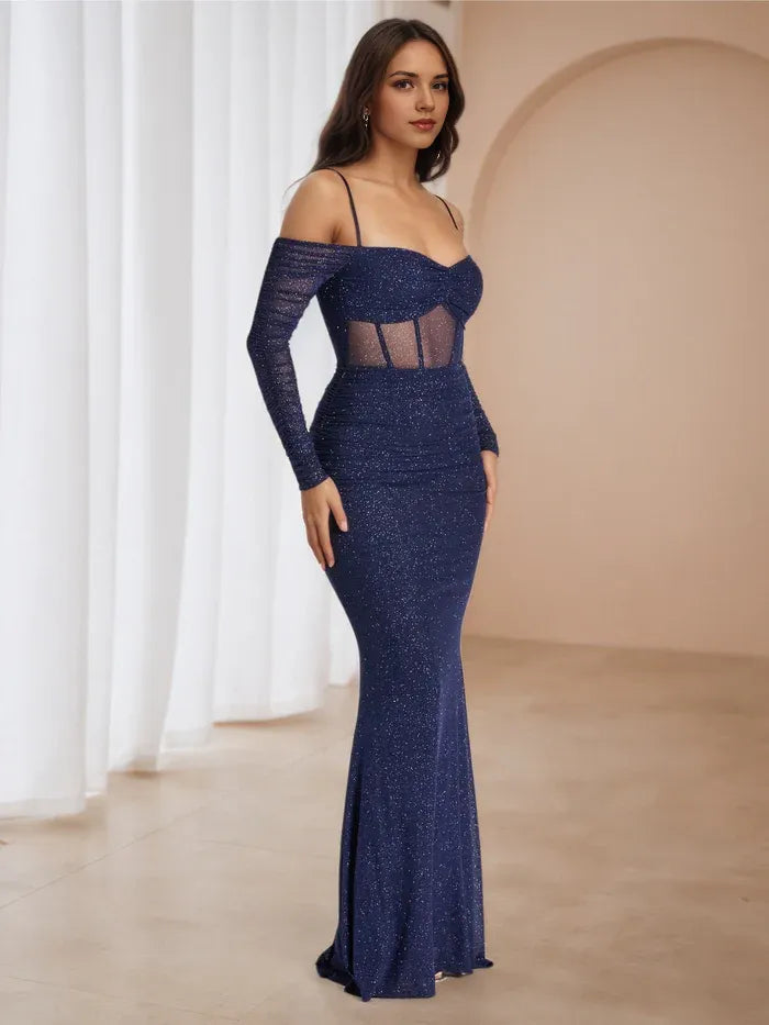 Navy Blue Glitter Prom Dress Off - Shoulder Sheer Panel Mermaid Fit