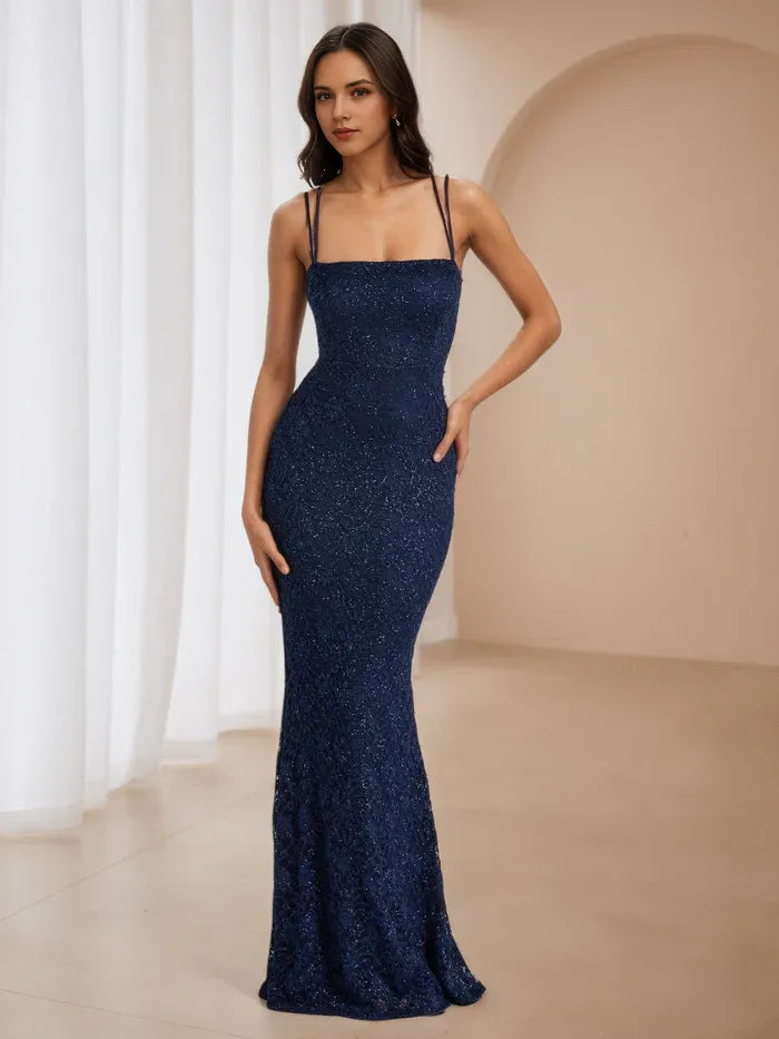Navy Blue Glitter Prom Dress Square Neckline Double Spaghetti Straps Silhouette for Glamorous Galas