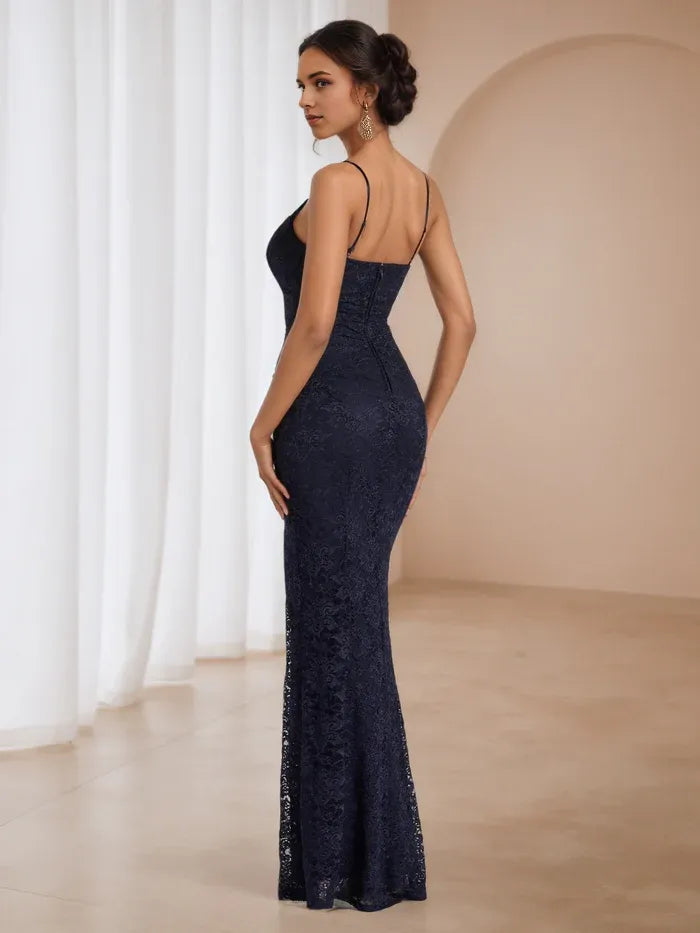 Navy Blue Prom Dress Cowl Neckline Spaghetti Straps Intricate for Glamorous Galas