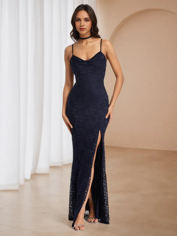 Navy Blue Prom Dress Cowl Neckline Spaghetti Straps Intricate for Glamorous Galas