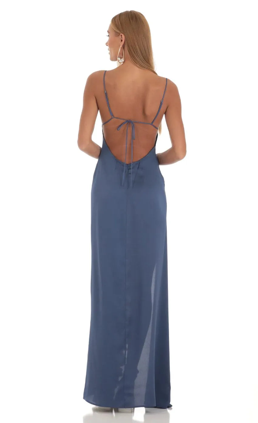 Navy Blue Prom Dress with Spaghetti Straps Plunging Neckline and Asymmetric Ruffle Detail Stand Out at Your Prom