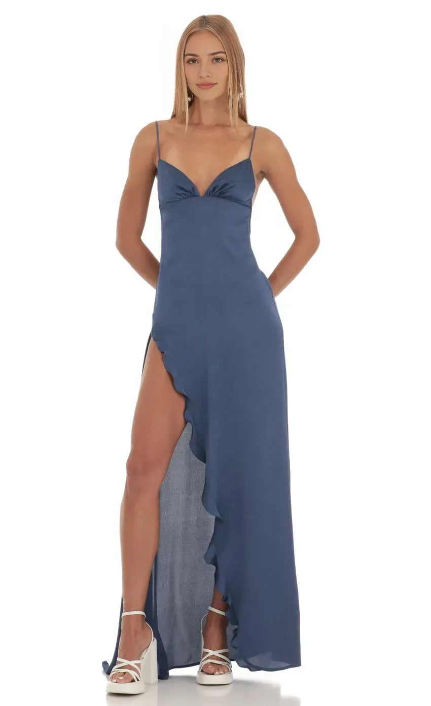 Navy Blue Prom Dress with Spaghetti Straps Plunging Neckline and Asymmetric Ruffle Detail Stand Out at Your Prom