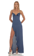 Navy Blue Prom Dress with Spaghetti Straps Plunging Neckline and Asymmetric Ruffle Detail Stand Out at Your Prom