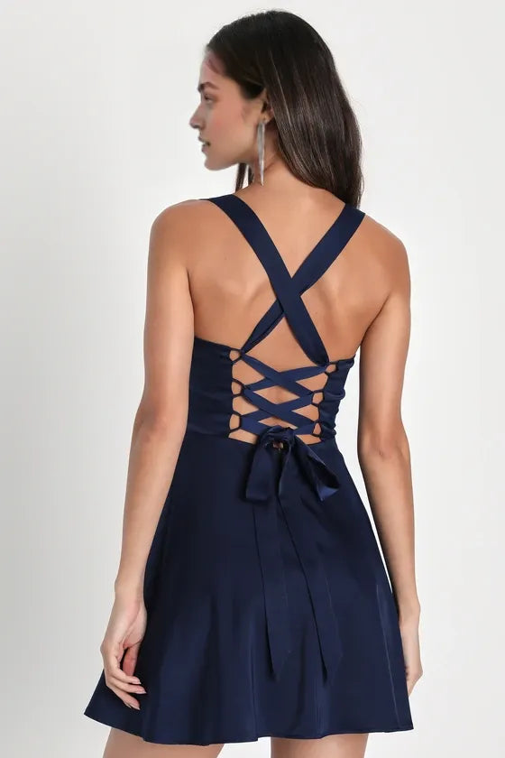 Navy Blue Mini Dress with Square Neck and Wide Straps Ideal for Memorable Homecoming Moments