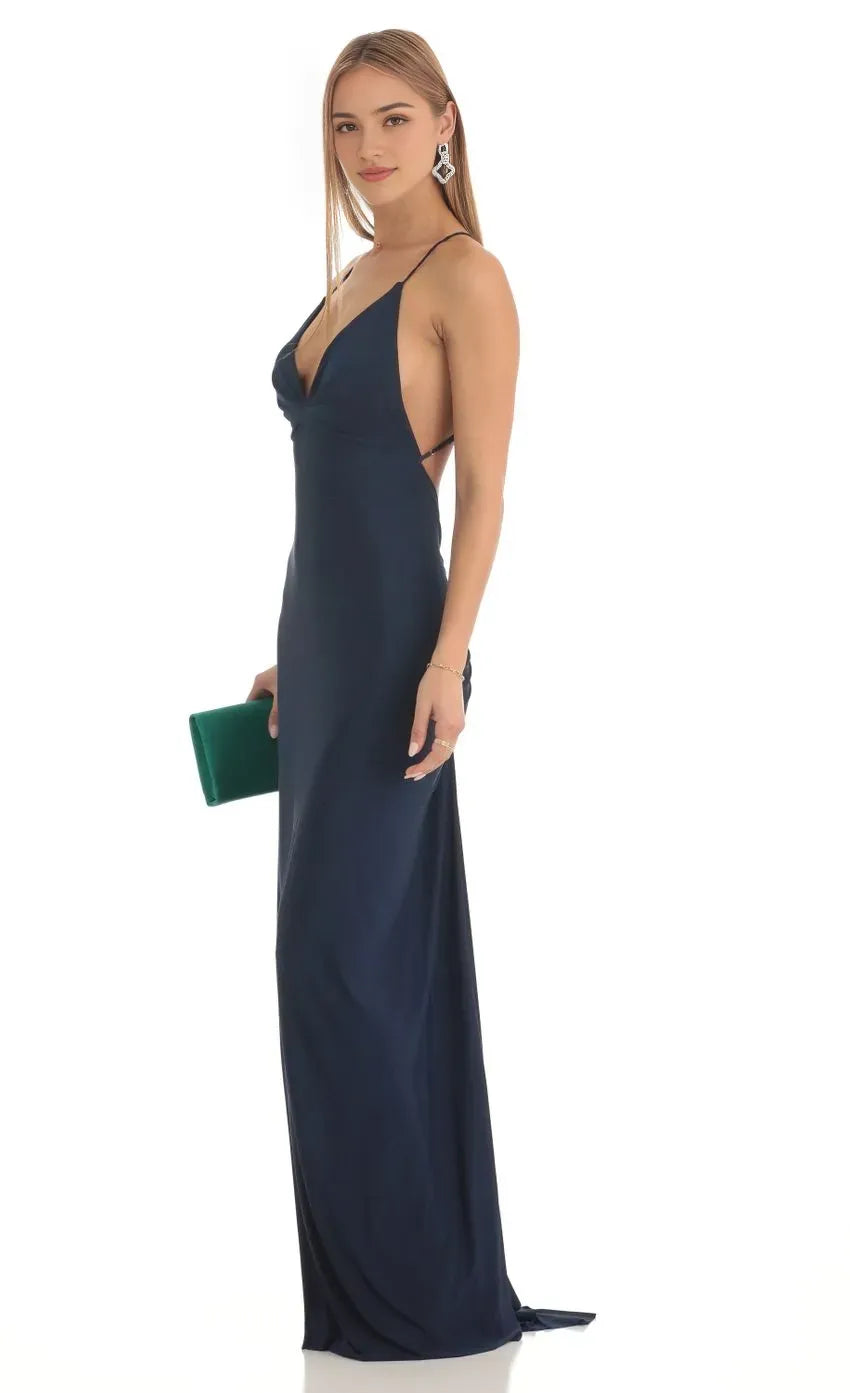 Navy Blue Spaghetti - Strap Prom Dress with Plunging V - Neck Bodycon Design A Stylish Choice for Memorable