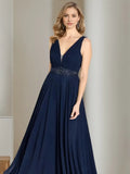 Navy Gown Deep V Cape Style Sleeves Waist for Mother of the Bride