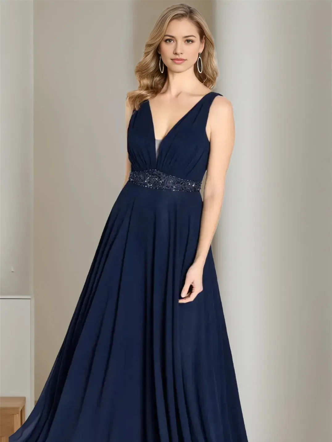 Navy Gown Deep V Cape Style Sleeves Waist for Mother of the Bride