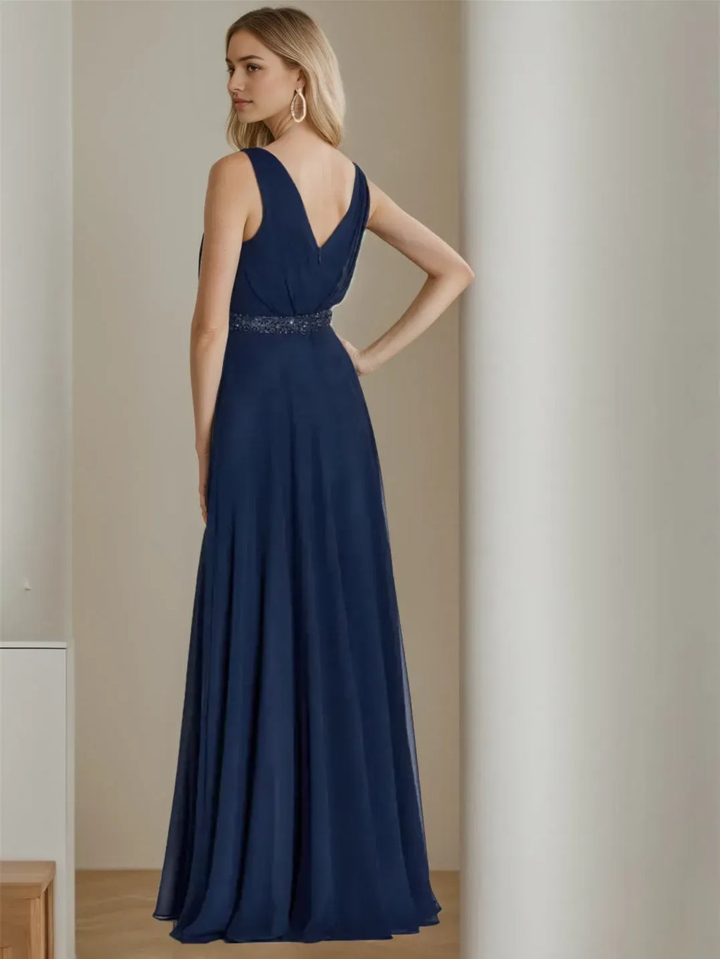 Navy Gown Deep V Cape Style Sleeves Waist for Mother of the Bride