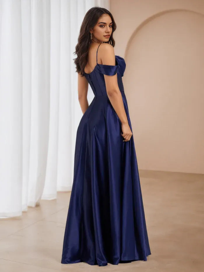 Navy Ball Gown Asymmetric Off Shoulder Side Slit Pockets for Glamorous Proms