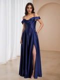 Navy Ball Gown Asymmetric Off Shoulder Side Slit Pockets for Glamorous Proms