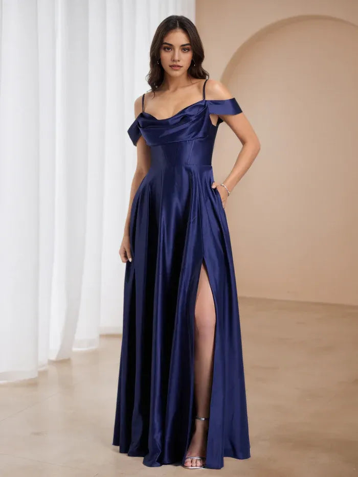 Navy Ball Gown Asymmetric Off Shoulder Side Slit Pockets for Glamorous Proms
