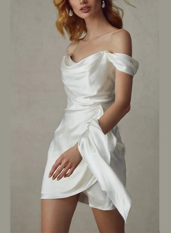 Off - Shoulder Wedding Dress Draped Detail Asymmetric Hem Flowy Sash