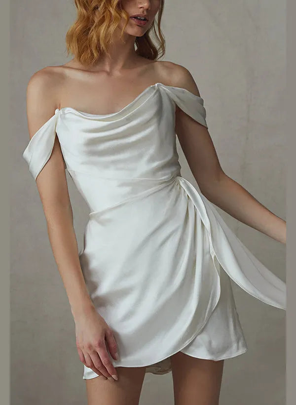 Off - Shoulder Wedding Dress Draped Detail Asymmetric Hem Flowy Sash