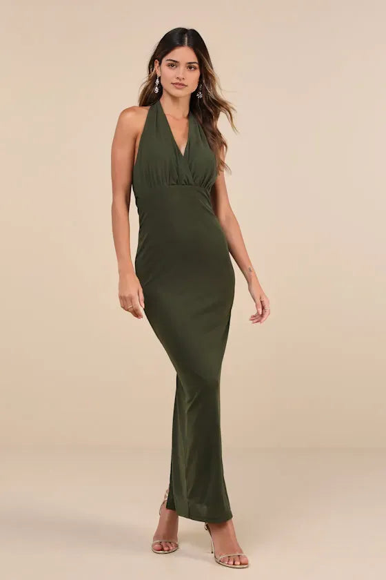 Green Olive Prom Dress Halter Neckline Surplice V Front Figure Hugging Fit and Floor Length Silhouette for a Stunning Look