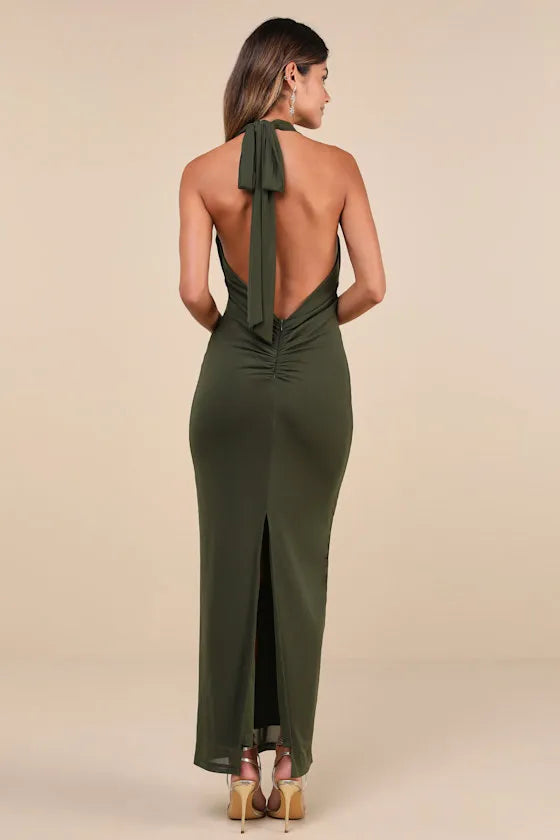 Green Olive Prom Dress Halter Neckline Surplice V Front Figure Hugging Fit and Floor Length Silhouette for a Stunning Look