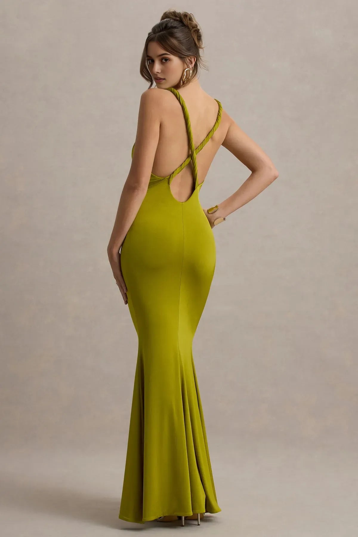 Green Olive Twist - Front Prom Dress with Spaghetti Straps and Mermaid Silhouette for Glamorous Evenings