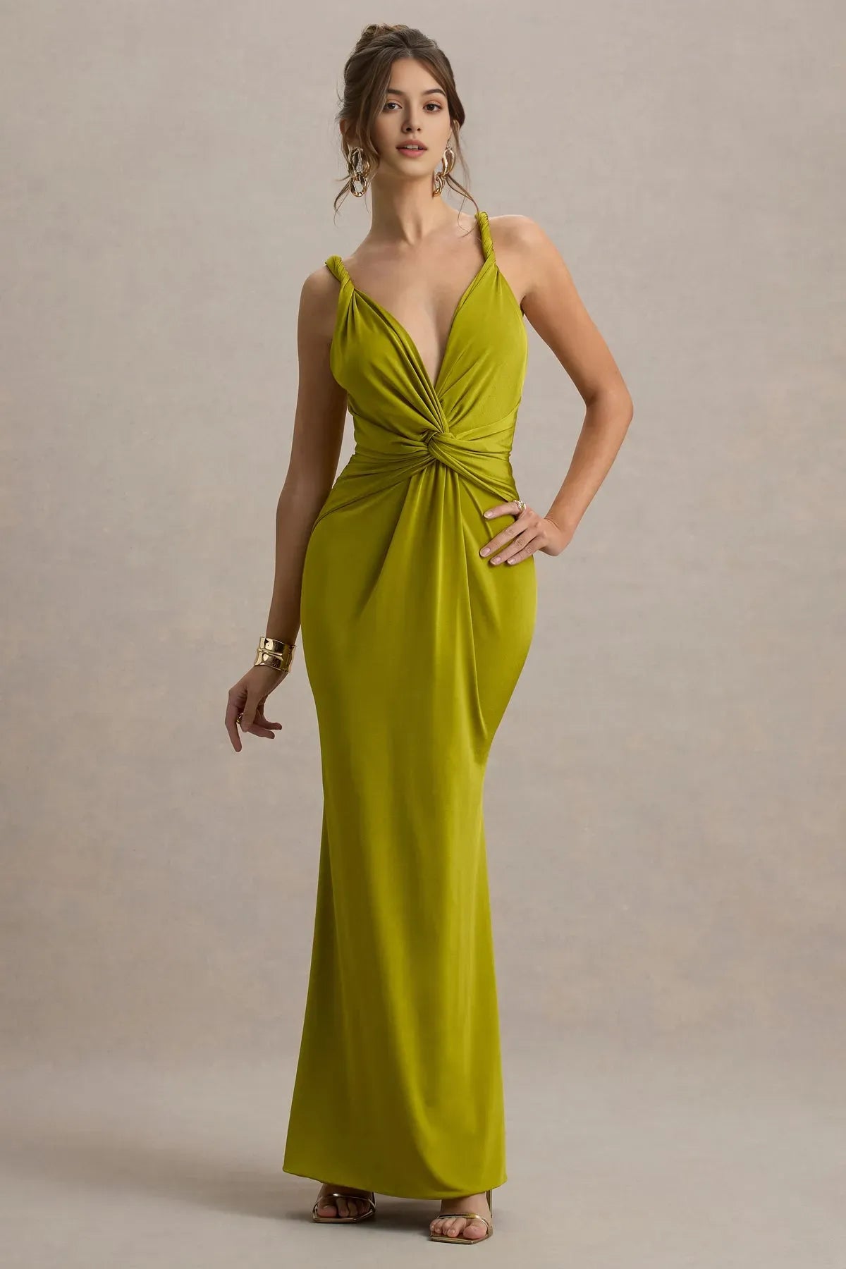 Green Olive Twist - Front Prom Dress with Spaghetti Straps and Mermaid Silhouette for Glamorous Evenings