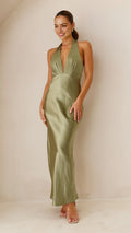 Olive Prom Gown Halter Style Plunge Front Bodycon Maxi Design Perfect for Prom Nights
