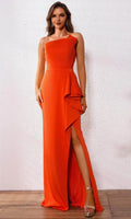 Orange One - Shoulder Evening Gown with Asymmetric Ruffle and Side Slit Ideal for Glamorous Foreign Trade Balls and Formal Galas