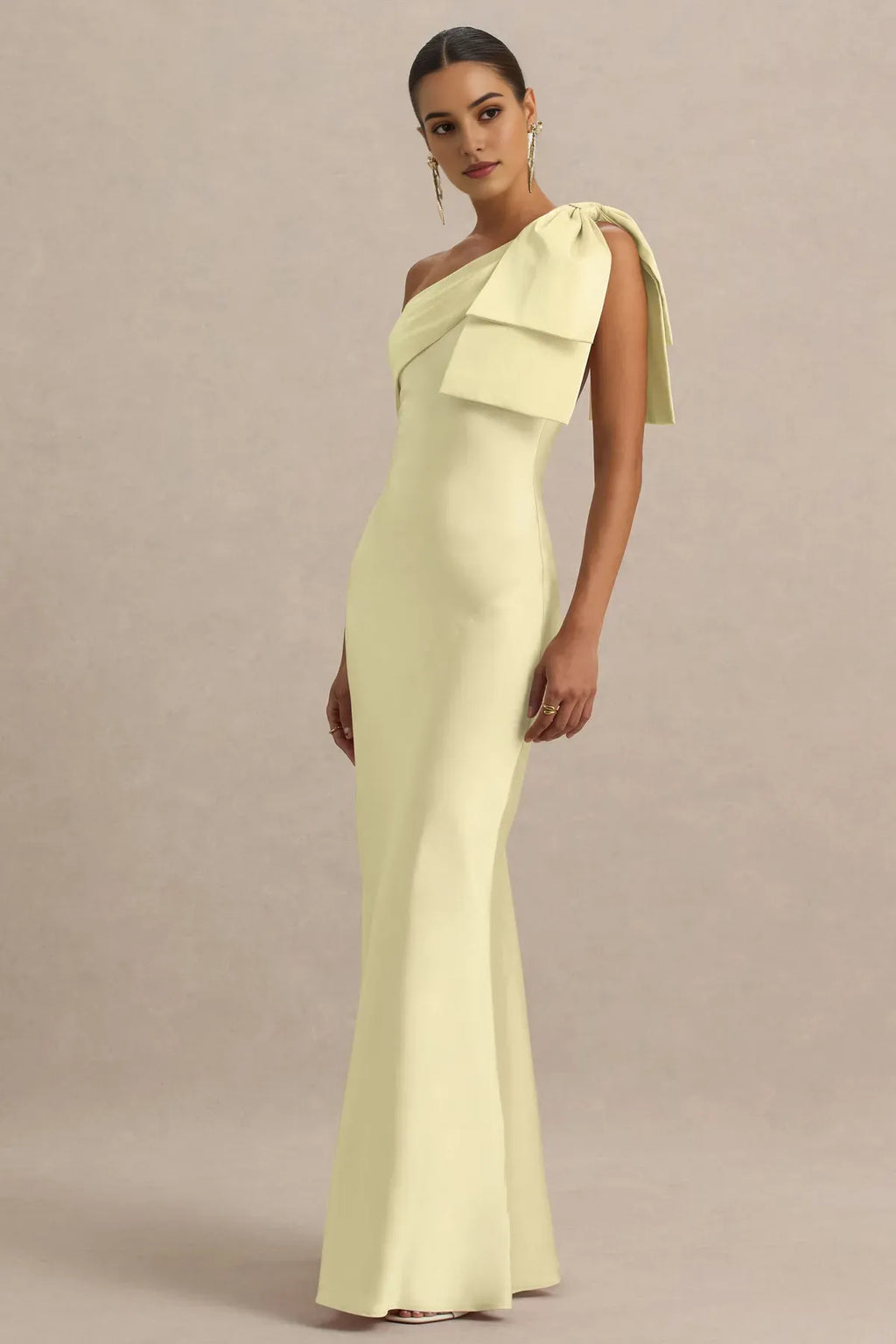 Yellow One - Shoulder Pale Prom Dress with Bow Detail and Flowing Maxi Silhouette