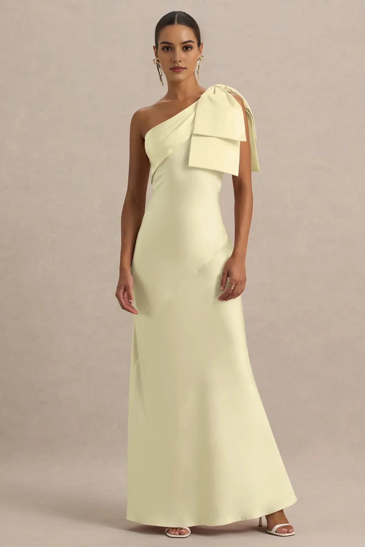 Yellow One - Shoulder Pale Prom Dress with Bow Detail and Flowing Maxi Silhouette