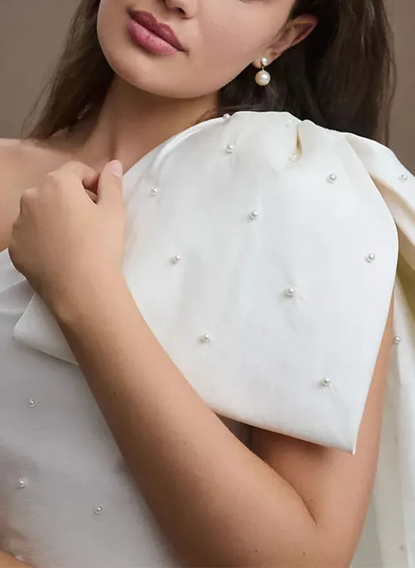 One Shoulder Wedding Dress with Pearl Embellishments and Asymmetric Hem for Modern Brides