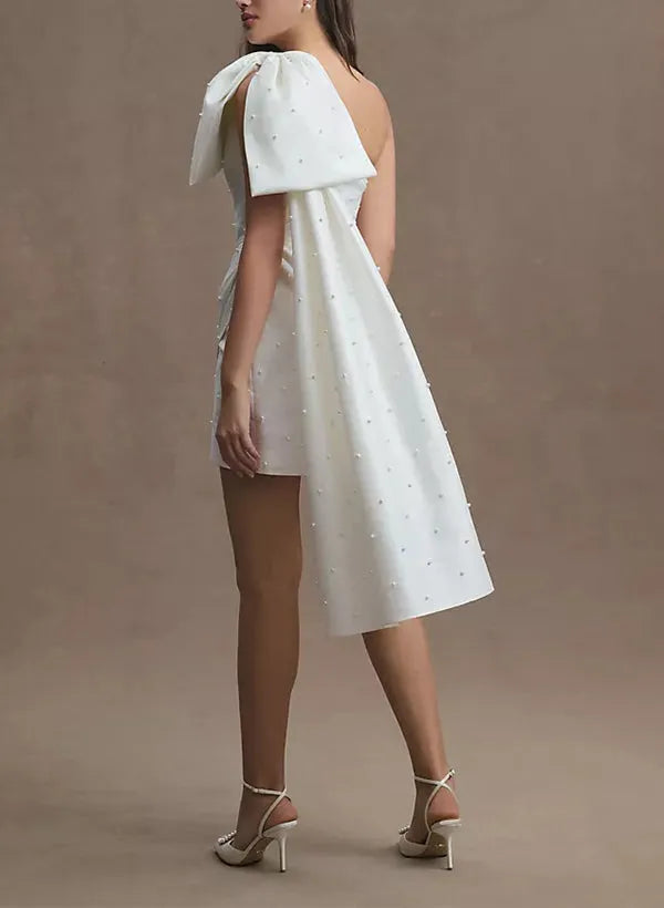 One Shoulder Wedding Dress with Pearl Embellishments and Asymmetric Hem for Modern Brides
