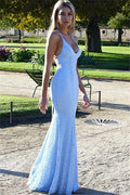 Blue Open Back Evening Dress Mermaid Spaghetti Straps Baby Evening Dress