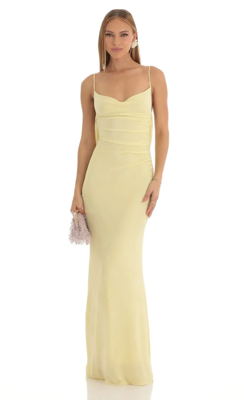 Yellow Pale Prom Dress with Draped Neckline Ruched Detailing Mermaid Skirt A Must - Have for Sophisticated Proms