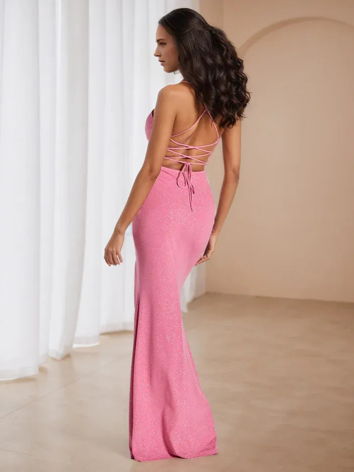 Pink Glitter Prom Dress Deep V - Neck Spaghetti Straps Side Slit for Memorable Galas