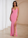 Pink Glitter Prom Dress Deep V - Neck Spaghetti Straps Side Slit for Memorable Galas