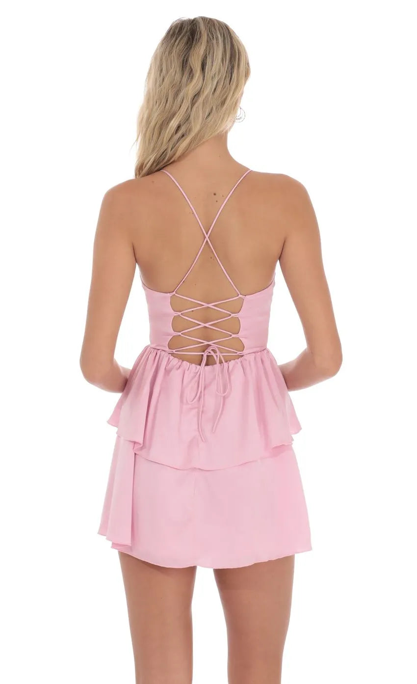 Pink Spaghetti Strap Dress for Homecoming Dresses Neck Tiered Skirt Feminine Silhouette Designed to Elevate Your Style at Campus Dances