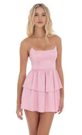 Pink Spaghetti Strap Dress for Homecoming Dresses Neck Tiered Skirt Feminine Silhouette Designed to Elevate Your Style at Campus Dances