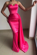 Pink Strapless Sleeveless Mermaid Woven Evening Dresses With Ruffles