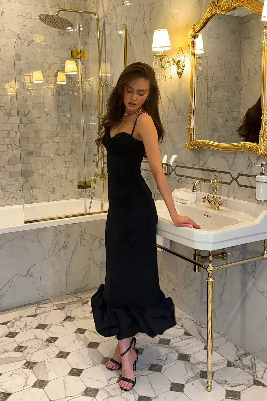 Mermaid Spaghetti Strap Ruffle Midi Prom Dress