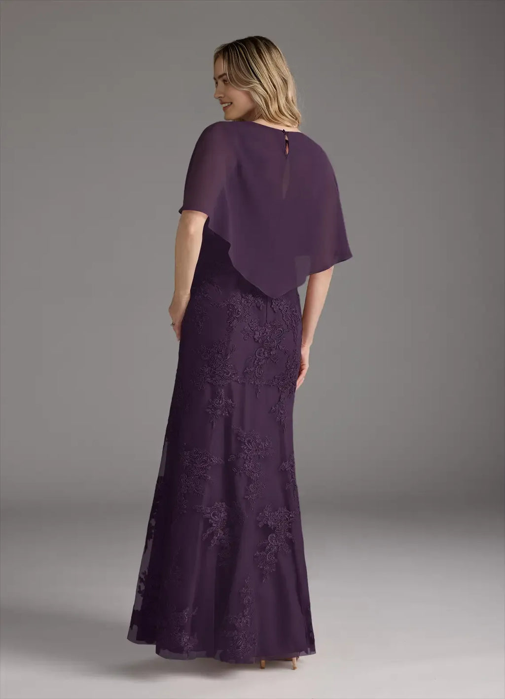 Purple Mother of the Bride Dresess Cape Overlay Sleeves Neckline Intricate Detailing Mermaid Silhouette