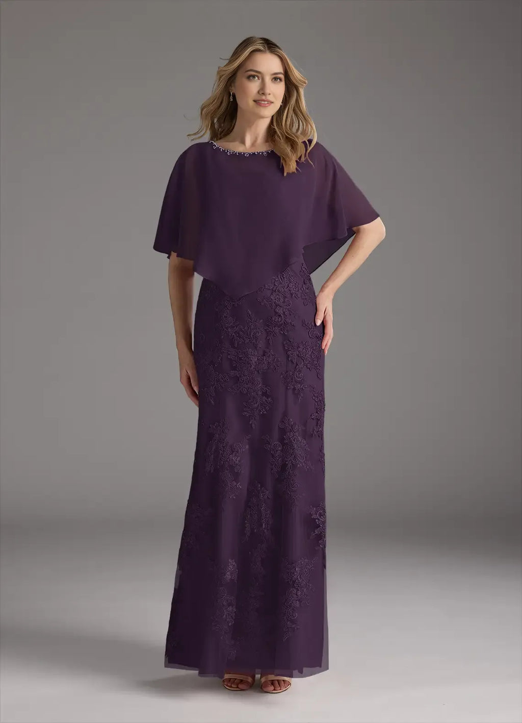 Purple Mother of the Bride Dresess Cape Overlay Sleeves Neckline Intricate Detailing Mermaid Silhouette