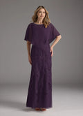 Purple Mother of the Bride Dresess Cape Overlay Sleeves Neckline Intricate Detailing Mermaid Silhouette