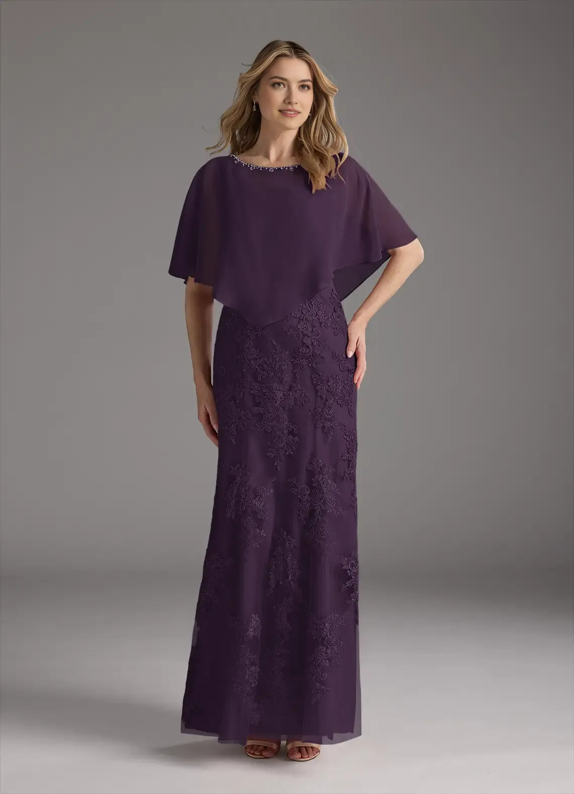 Purple Mother of the Bride Dresess Cape Overlay Sleeves Neckline Intricate Detailing Mermaid Silhouette