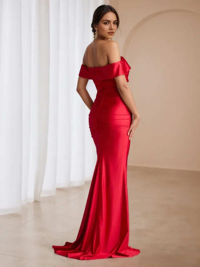 Red Off Shoulder Prom Gown Ruched Design Side Slit Perfect for Glamorous Events