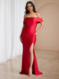 Red Off Shoulder Prom Gown Ruched Design Side Slit Perfect for Glamorous Events