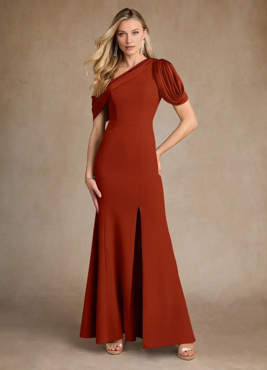 Rust Mermaid Pleated Colored Mother of the Bride Dress with Asymmetric One - Shoulder Draped Sleeve and High Side Slit