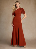 Rust Mermaid Pleated Colored Mother of the Bride Dress with Asymmetric One - Shoulder Draped Sleeve and High Side Slit