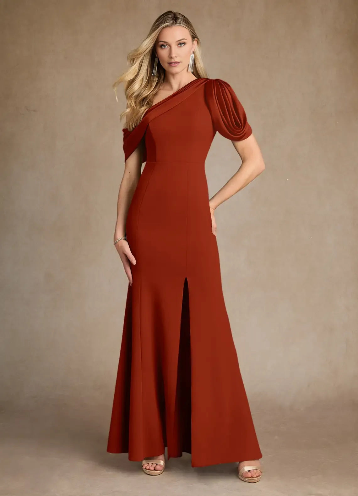 Rust Mermaid Pleated Colored Mother of the Bride Dress with Asymmetric One - Shoulder Draped Sleeve and High Side Slit